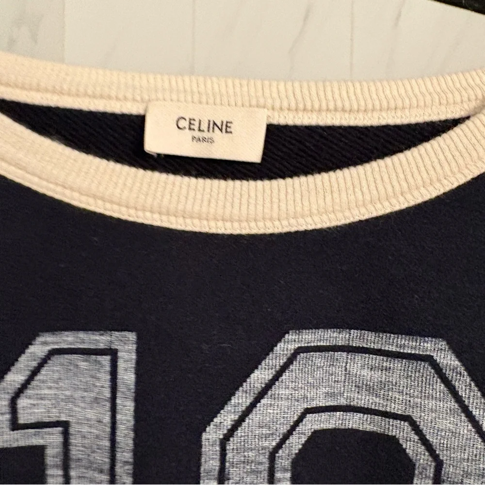 Celine Deep Blue Cotton Cashmere Crewneck Short-Sleeve Shirt "16" Logo - Picture 4 of 7